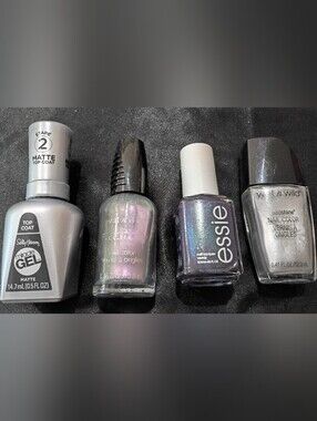 LOT of 4 Nail Polishes Silver Irradescent Matte Top Coat Purple